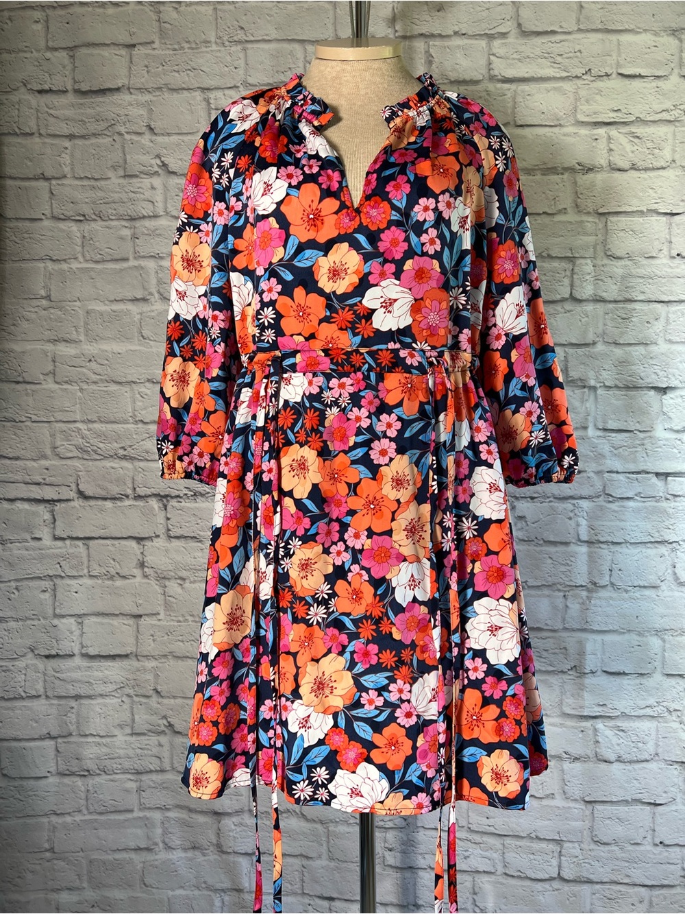 Draper James Navy Floral Tie-Waist Dress 3/4 Length Sleeve Size L